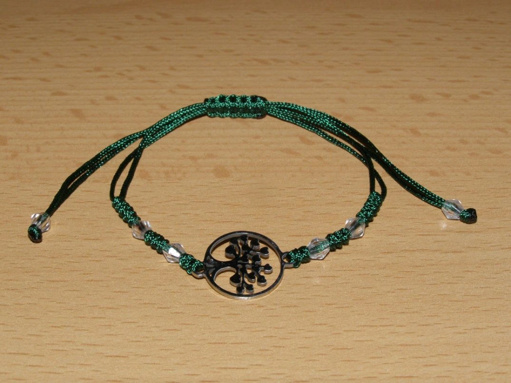 Drhaný Shamballa náramek - nerez - Strom života - tmavě zelená šňůrka - dnn1
