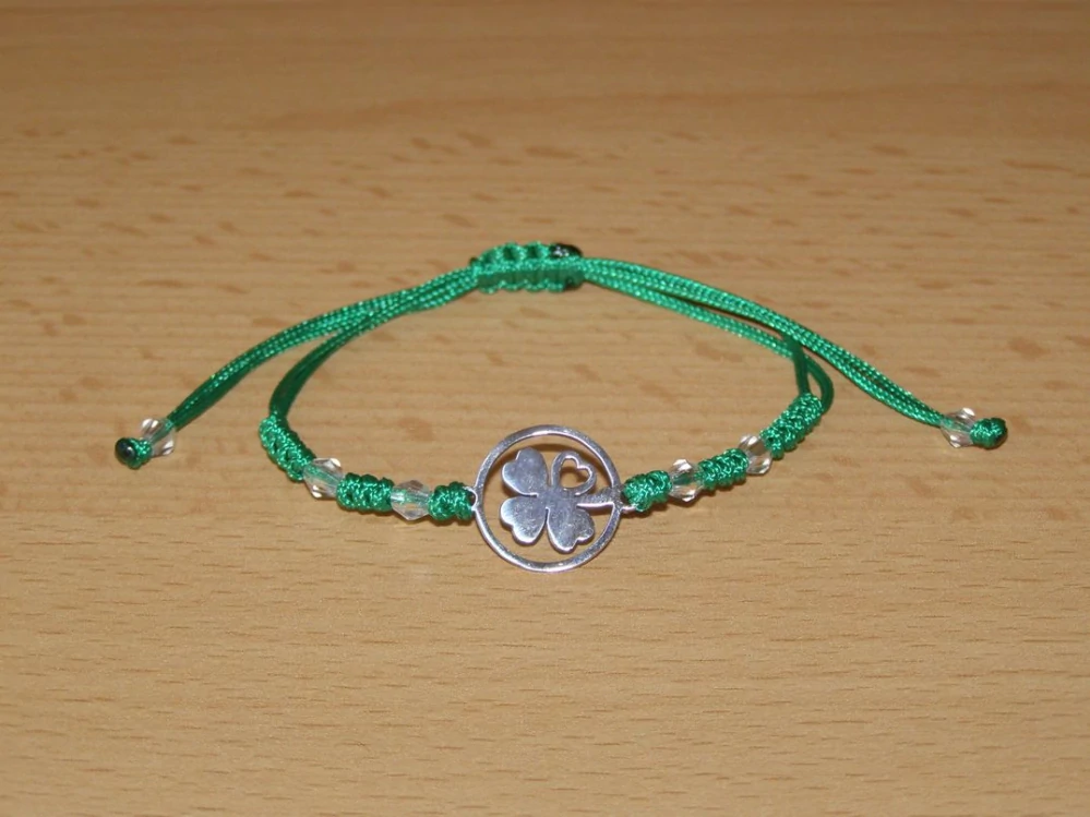Drhaný Shamballa náramek - nerez - Čtyřlístek - zelená šňůrka - dnn2