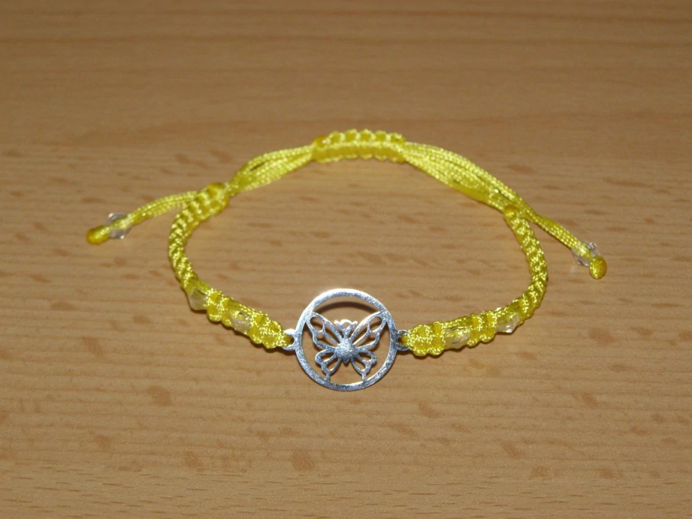 Drhaný Shamballa náramek - nerez - Motýlek - žlutá šňůrka - dnn18