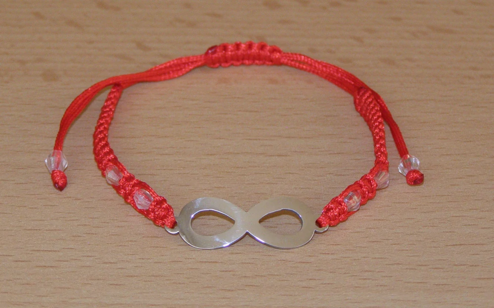Drhaný Shamballa náramek - nerez - Nekonečno - červená šňůrka - dnn29