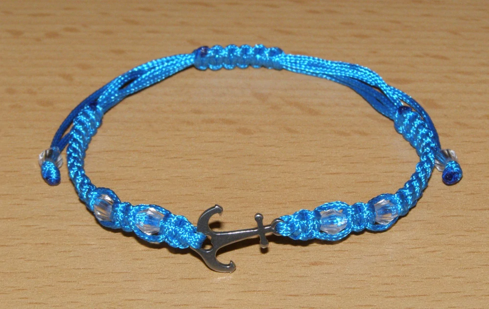 Drhaný Shamballa náramek - nerez - Kotva - modrá šňůrka - dnn35