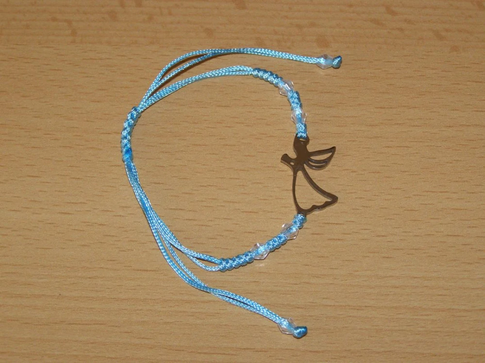 Drhaný Shamballa náramek - nerez - Anděl - světle modrá šňůrka - dnn3